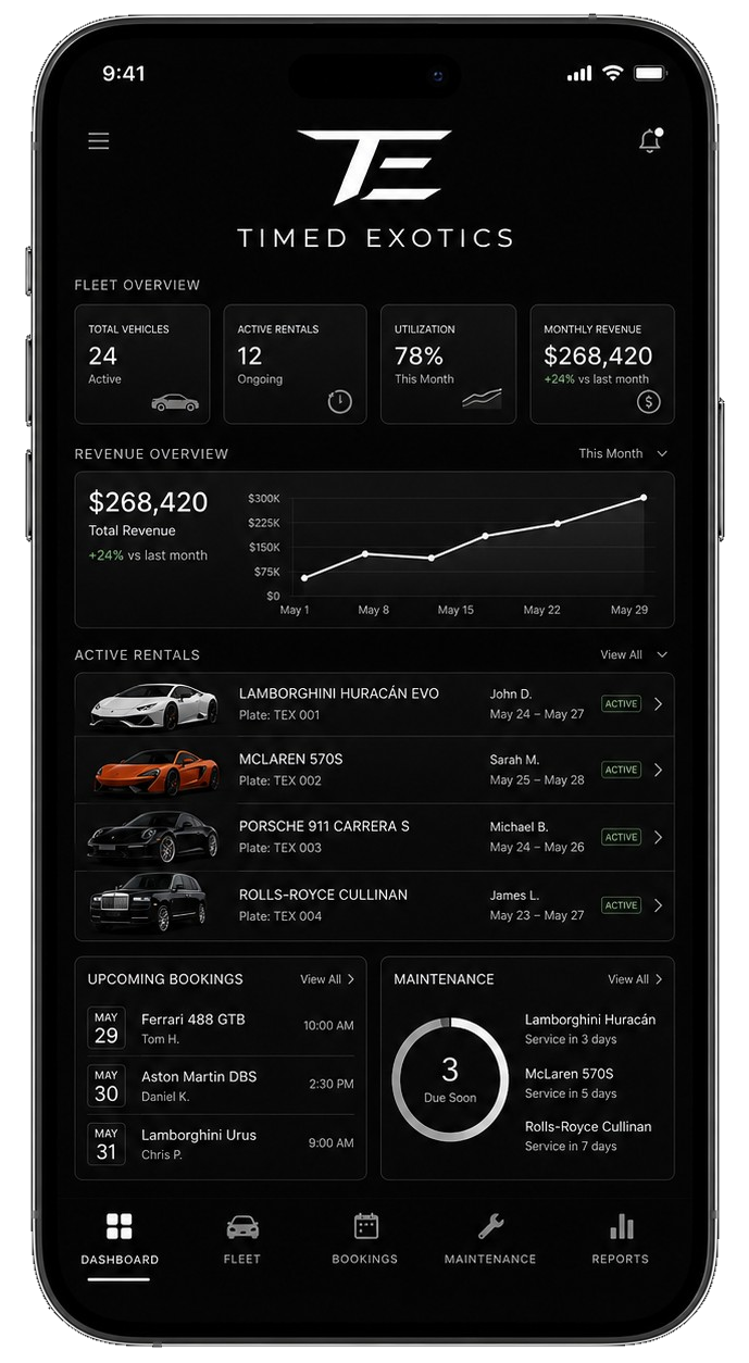 The Timed Exotics dashboard on a phone: fleet overview, revenue, and active rentals